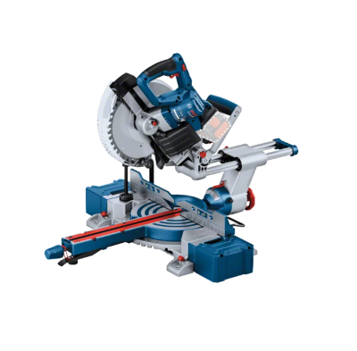 Serra de esquadria elétrica azul e cinza com lâmina circular e base robusta