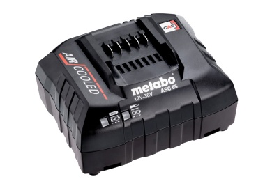 Carregador Metabo ASC 55 preto para baterias de 12V-36V com detalhes vermelhos e brancos
