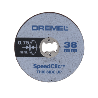 Disco de corte DREMEL azul e cinzento com texto e medidas.