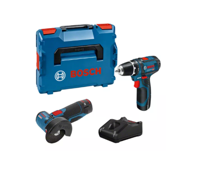 Conjunto de ferramentas elétricas Bosch com mala azul, furadeira, esmerilhadeira e carregador