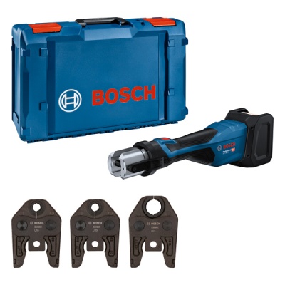 Conjunto Bosch com mala azul, máquina azul e três acessórios metálicos