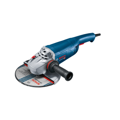 Esmeril angular Bosch azul com disco abrasivo e pega lateral preta.