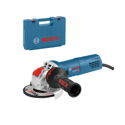 Esmerilhadora azul e cinzenta com punho preto e caixa de transporte azul BOSCH