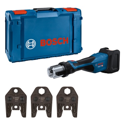 Ferramenta Bosch azul com caixa de transporte e acessórios.