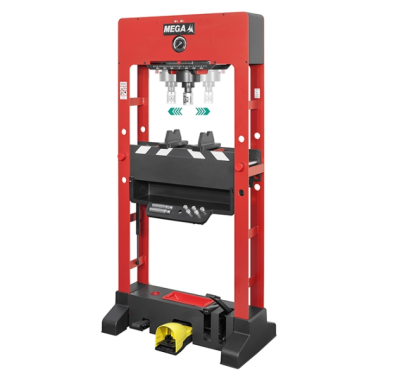 Prensa hidráulica metálica vermelha e preta com pedal amarelo