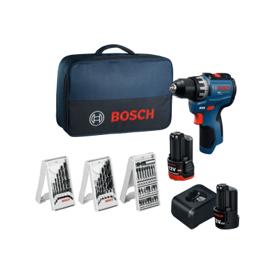 Conjunto de ferramentas Bosch com mala, parafusadeira, baterias, carregador e brocas
