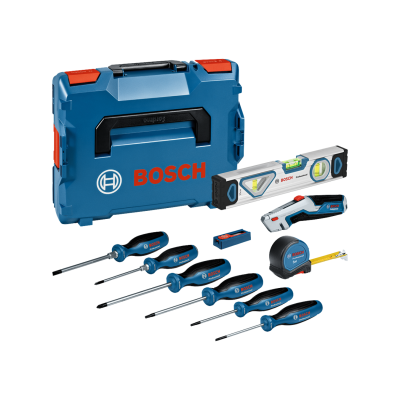 Conjunto de ferramentas Bosch Professional com chaves de fendas, nível, fita métrica, cortador e caixa azul