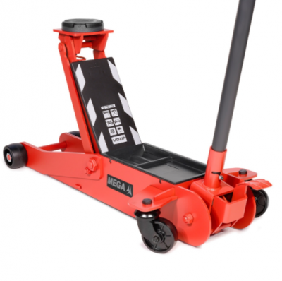 Macaco hidráulico para automóvel laranja com alavanca cinzenta e detalhes em preto