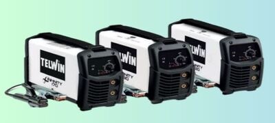 Três máquinas de soldar TELWIN modelo HST pretas e brancas alinhadas