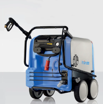 Máquina de lavagem industrial azul e preta com rodas brancas