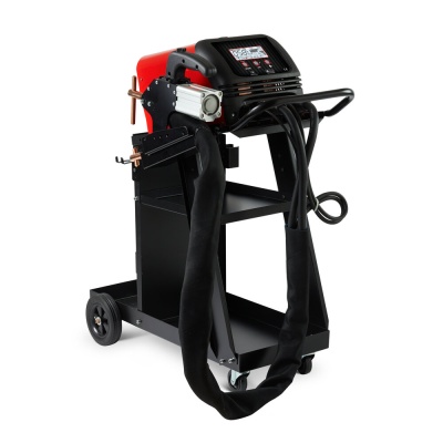 Máquina de soldadura portátil com ecrã digital, rodas e cabos protegidos