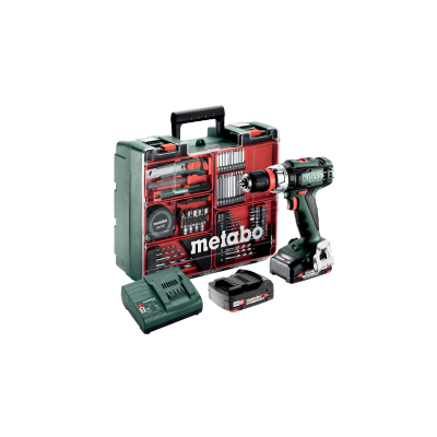 Conjunto de ferramentas Metabo com furadeira, baterias, carregador e caixa