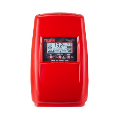 Dispositivo eletrónico vermelho com ecrã digital, botões e texto da marca TELWIN