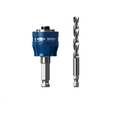 Broca Bosch Expert com suporte azul e broca metálica cinzenta em fundo branco