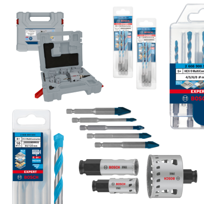 Conjunto de acessórios de perfuração BOSCH com estojo cinza, brocas e bits azuis em embalagens transparentes.