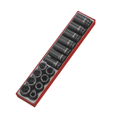 Conjunto de bocas de soquetes pretas organizadas em caixa vermelha