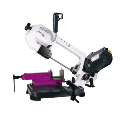 Serra elétrica de bancada OPTIMUM OPTIsaw S 270 A com estrutura metálica branca e base roxa.