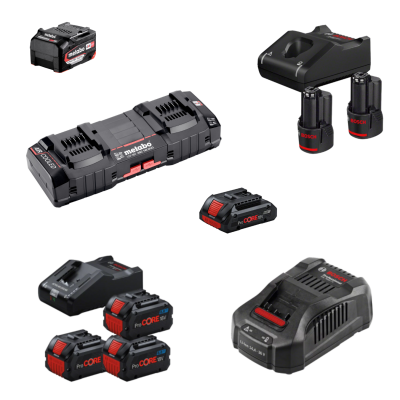 Baterias e carregadores para ferramentas elétricas das marcas Metabo e Bosch, preto e vermelho.