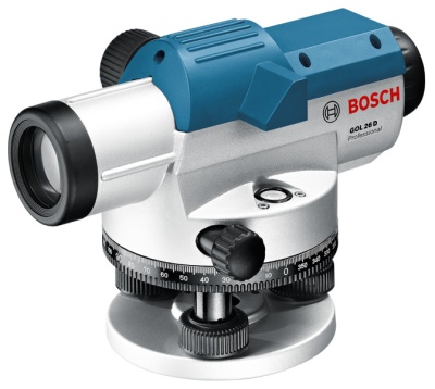 Nível ótico profissional BOSCH azul e prata modelo GOL 26 D para medições.