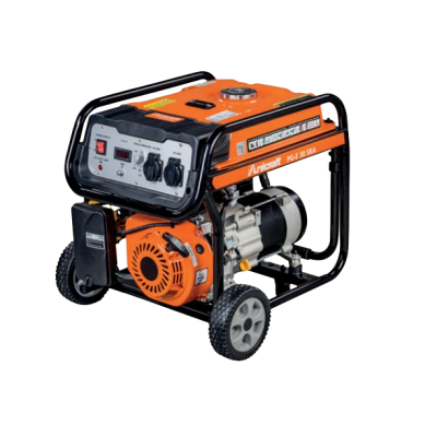 Gerador portátil laranja e preto com estrutura metálica e rodas