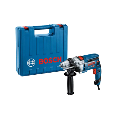 Furadeira elétrica azul e preta BOSCH com maleta azul