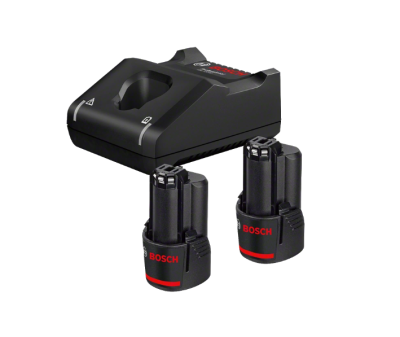 Carregador de bateria Bosch preto com dois acumuladores pretos