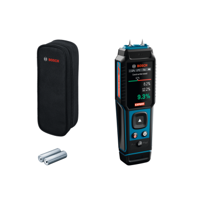 Medidor de humidade Bosch digital com estojo preto e duas pilhas AA prateadas