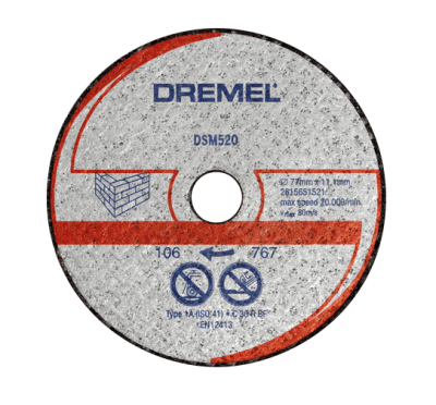Disco de corte abrasivo Dremel DSM520 cinzento com texto azul e vermelho