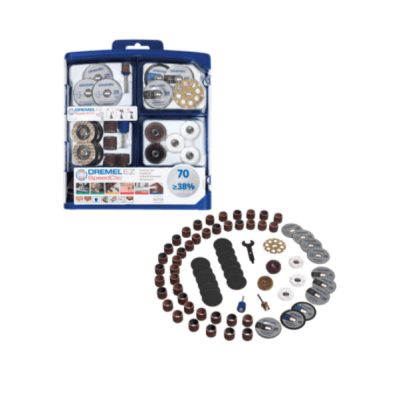 Kit de acessórios Dremel E-Z SpeedClic com 70 peças em embalagem azul e branca