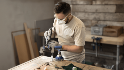 Homem a usar ferramenta elétrica numa oficina de madeira