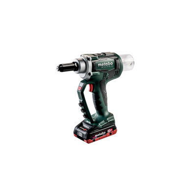 Parafusadora elétrica Metabo verde escuro com preto e vermelho em fundo branco