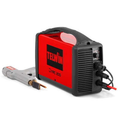 Máquina de soldar Telwin ARC 200 vermelha e preta com pistola de soldar cinzenta