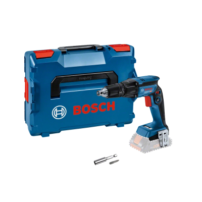 Furadeira/parafusadora Bosch azul e preta com caixa de transporte azul e ferramentas acessórias