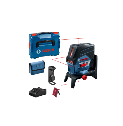 Conjunto de nível laser Bosch azul e preto com mala e acessórios.