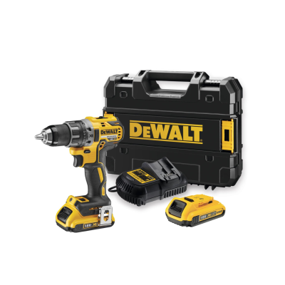 Berbequim sem fios DEWALT amarelo e preto com duas baterias, carregador e caixa rígida preta e amarela DEWALT.