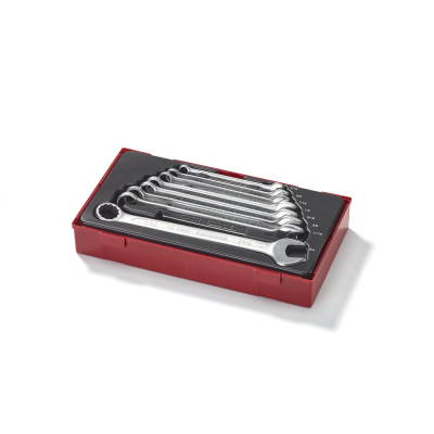 Conjunto de 8 chaves de roda em estojo vermelho com suporte preto.