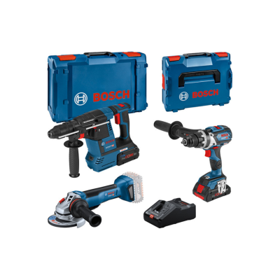 Conjunto de ferramentas elétricas Bosch em azul e preto com caixas azuis e logotipo vermelho