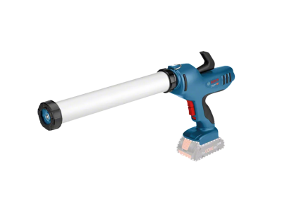 Pistola de silicone azul com tubo branco em fundo branco