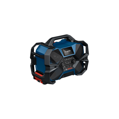 Rádio portátil BOSCH azul e preto com proteção robusta em fundo branco