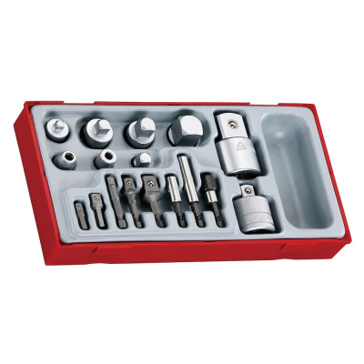 Conjunto de ferramentas em caixa vermelha com adaptadores hexagonais e de fendas