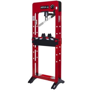 Prensa hidráulica vermelha com manómetro e base preta