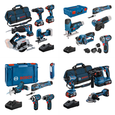 Conjunto de ferramentas elétricas Bosch com várias peças e malas azuis