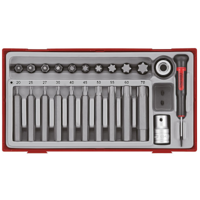 Conjunto de ferramentas com chaves em forma de estrela e chave de fendas em caixa vermelha e cinza.