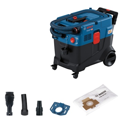 Aspirador Bosch profissional azul e preto com acessórios e saco para pó