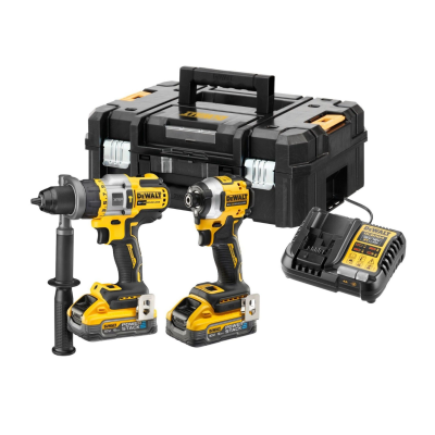 Conjunto de ferramentas DEWALT com berbequim, chave de impacto, carregador e estojo preto.