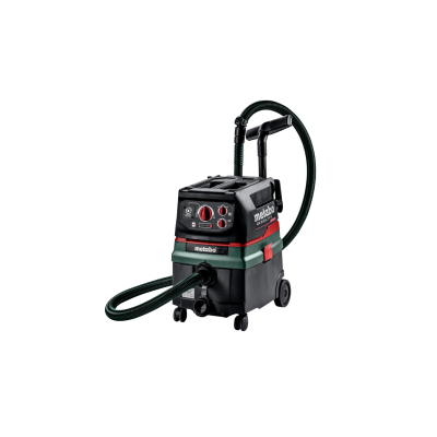 aspirador industrial Metabo preto e verde com mangueira e rodas