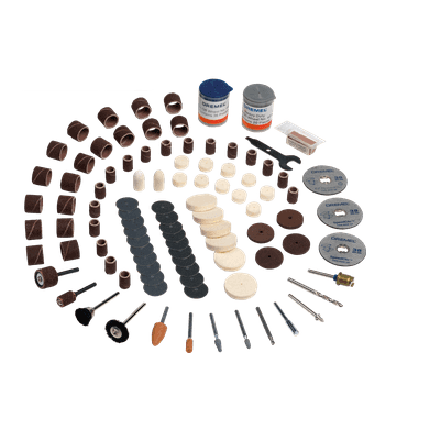 Conjunto completo de ferramentas e acessórios para polimento e acabamento sobre fundo branco