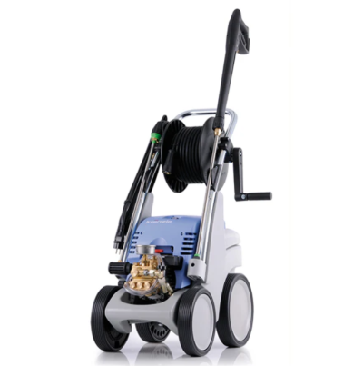 Máquina de alta pressão com estrutura metálica e plástica cinzenta e azul claro em fundo branco