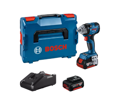 Conjunto Bosch de ferramenta elétrica com chave de impacto, bateria, carregador e estojo azul.