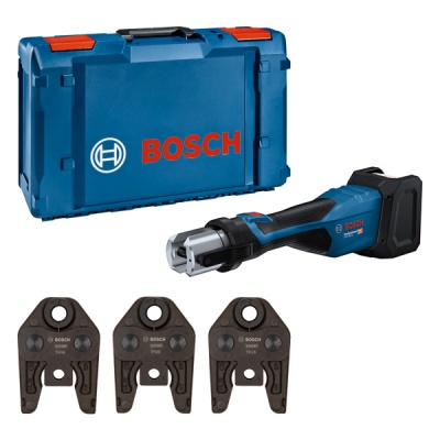 Conjunto de ferramenta Bosch com mala azul, ferramenta elétrica e acessórios pretos.
